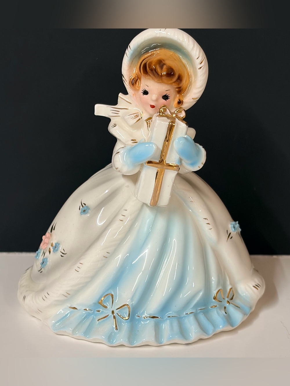 Josef Originals Winter Girl Figurine Holding Present Gift White Blue Dress Vtg